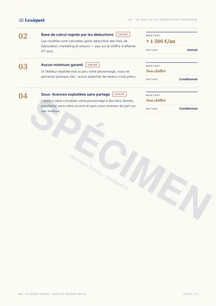 Page 5 du rapport Royalties & licences (concession de droits), spécimen