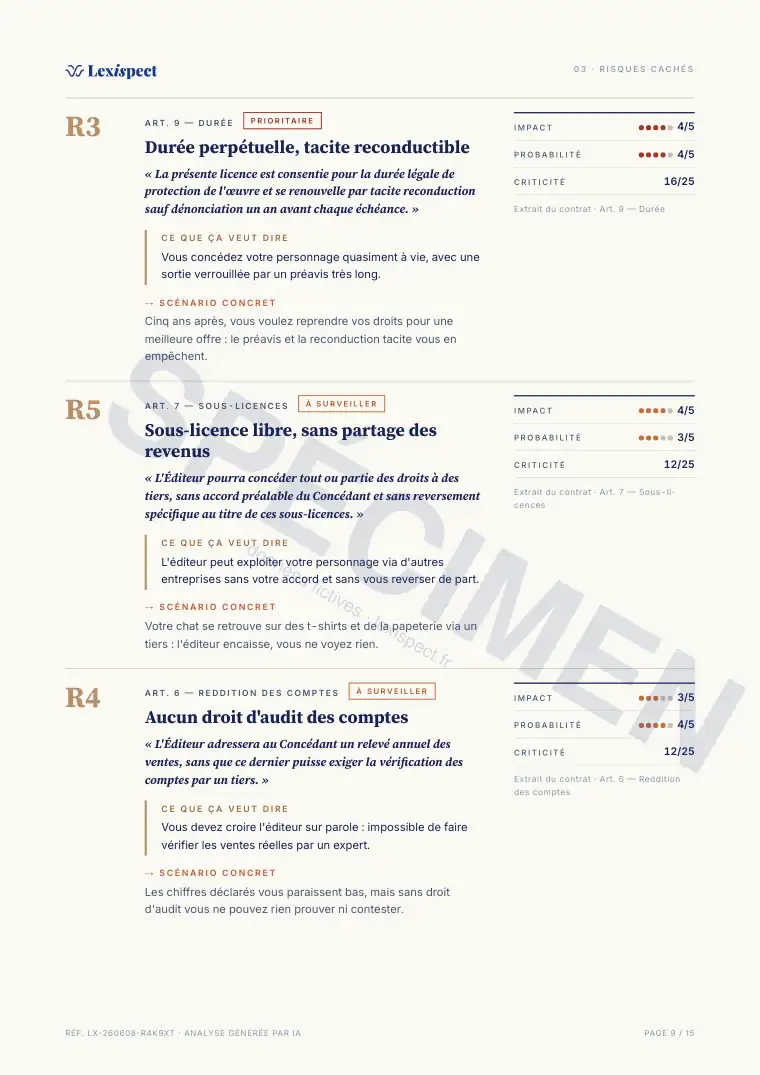 Page 9 du rapport Royalties & licences (concession de droits), spécimen