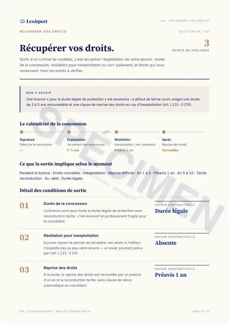 Page 10 du rapport Royalties & licences (concession de droits), spécimen