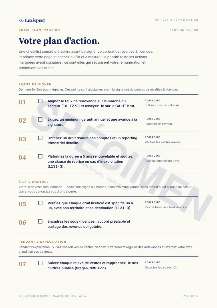 Page 11 du rapport Royalties & licences (concession de droits), spécimen