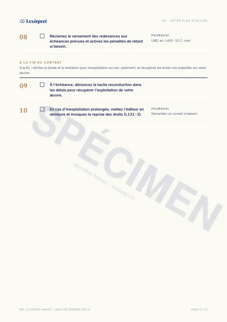 Page 12 du rapport Royalties & licences (concession de droits), spécimen