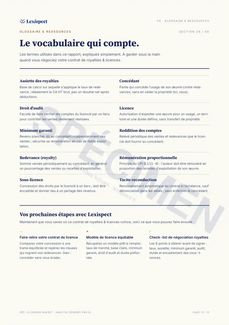 Page 13 du rapport Royalties & licences (concession de droits), spécimen