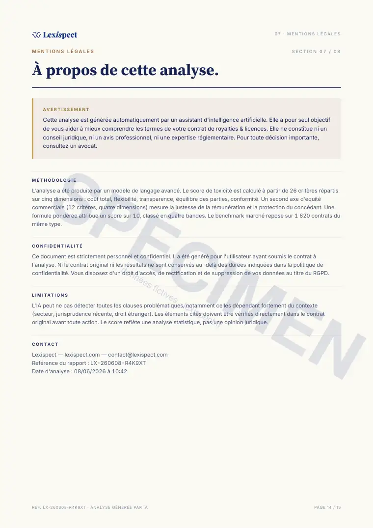 Page 14 du rapport Royalties & licences (concession de droits), spécimen