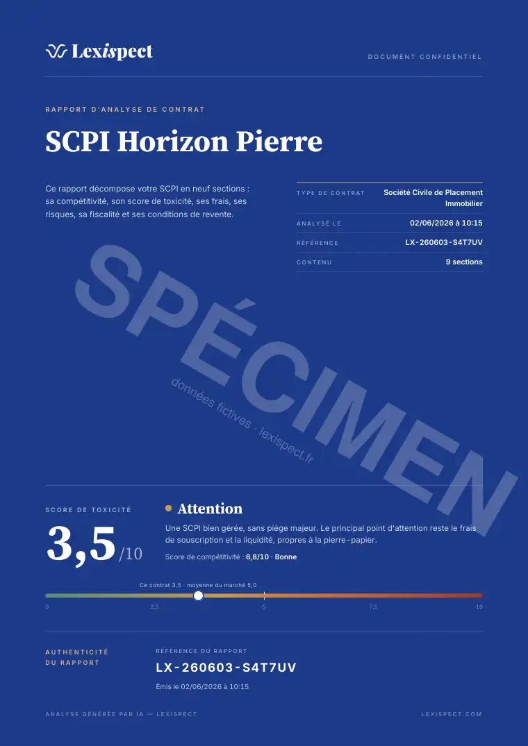 Page 1 du rapport SCPI (pierre-papier, immobilier en direct), spécimen