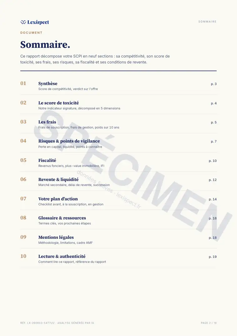 Page 2 du rapport SCPI (pierre-papier, immobilier en direct), spécimen