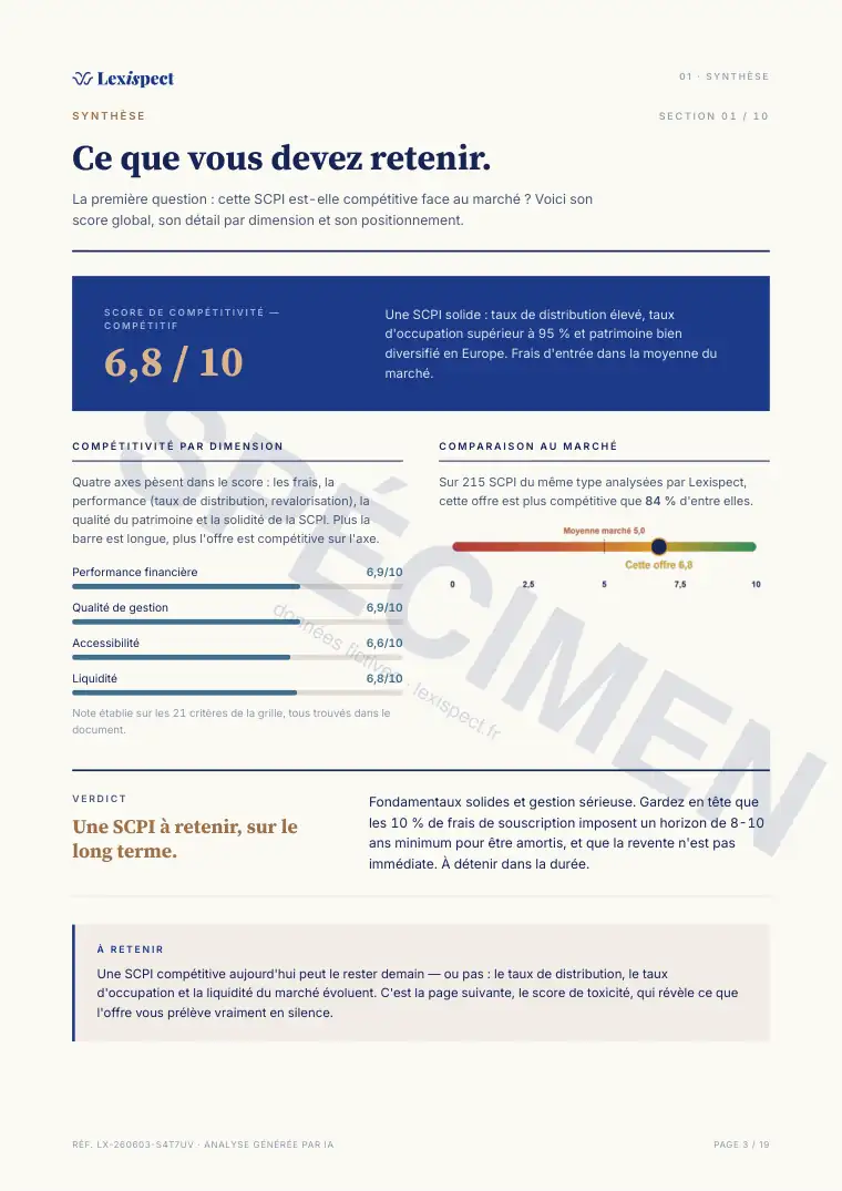 Page 3 du rapport SCPI (pierre-papier, immobilier en direct), spécimen