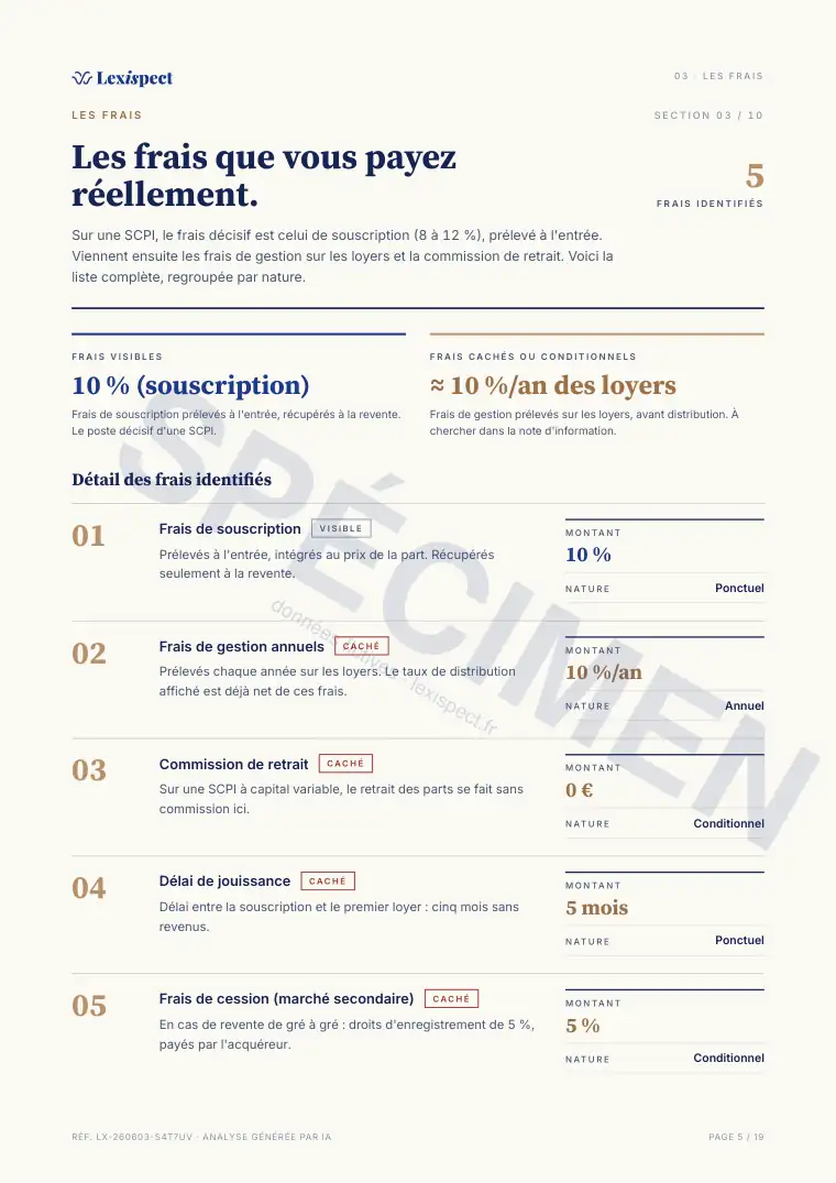 Page 5 du rapport SCPI (pierre-papier, immobilier en direct), spécimen