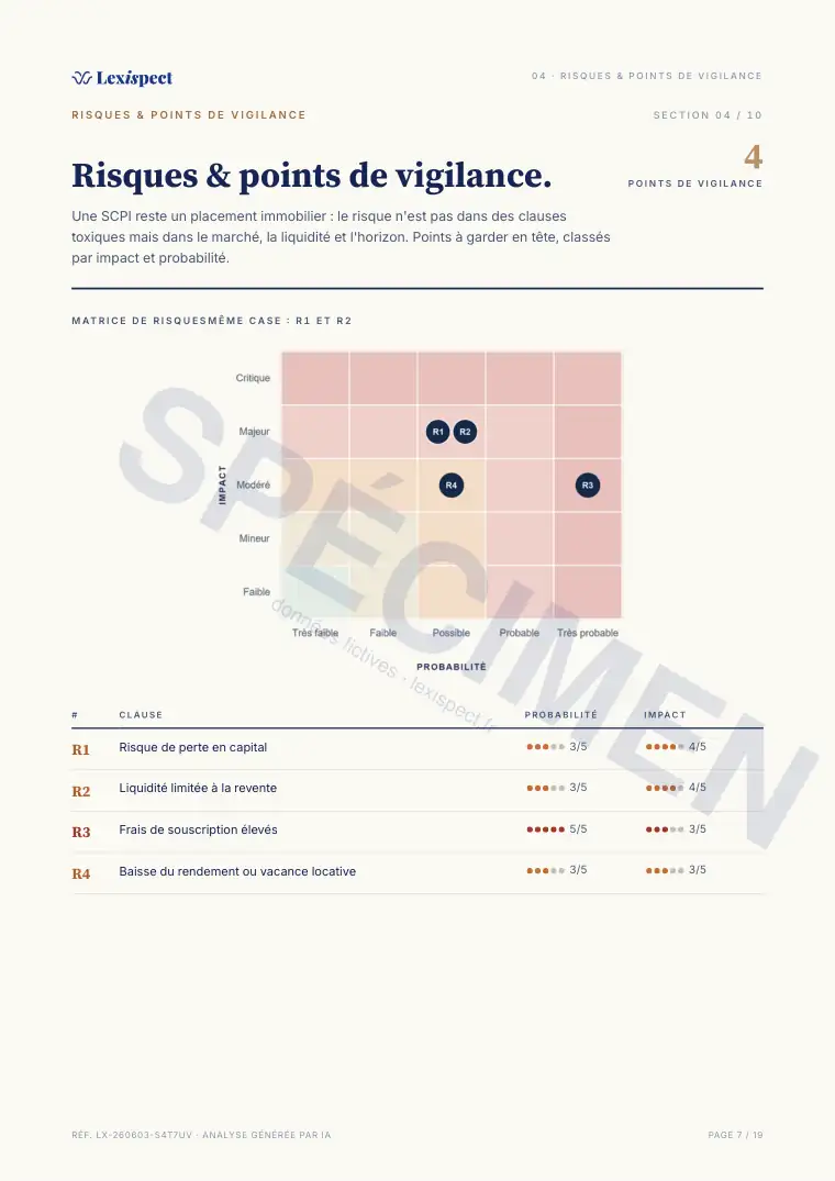 Page 7 du rapport SCPI (pierre-papier, immobilier en direct), spécimen