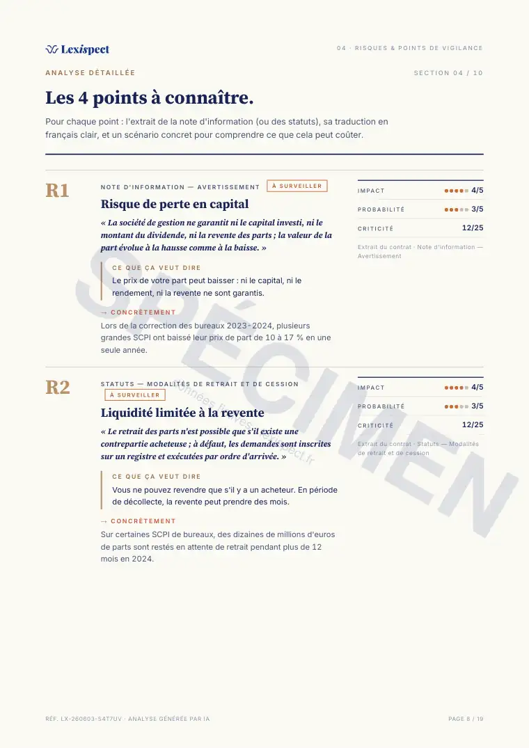 Page 8 du rapport SCPI (pierre-papier, immobilier en direct), spécimen