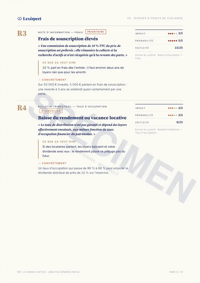 Page 9 du rapport SCPI (pierre-papier, immobilier en direct), spécimen