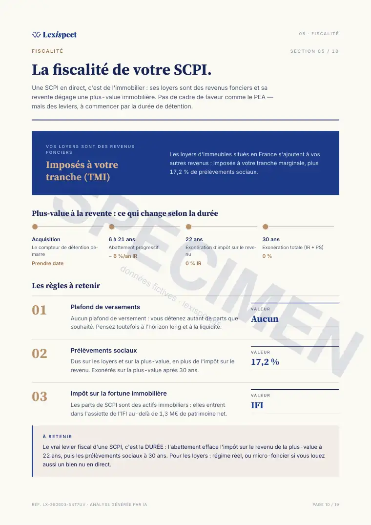 Page 10 du rapport SCPI (pierre-papier, immobilier en direct), spécimen