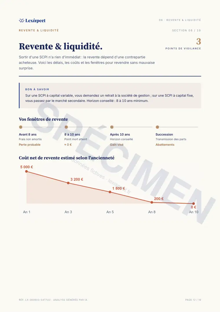 Page 12 du rapport SCPI (pierre-papier, immobilier en direct), spécimen