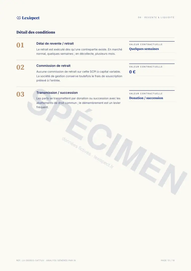 Page 13 du rapport SCPI (pierre-papier, immobilier en direct), spécimen