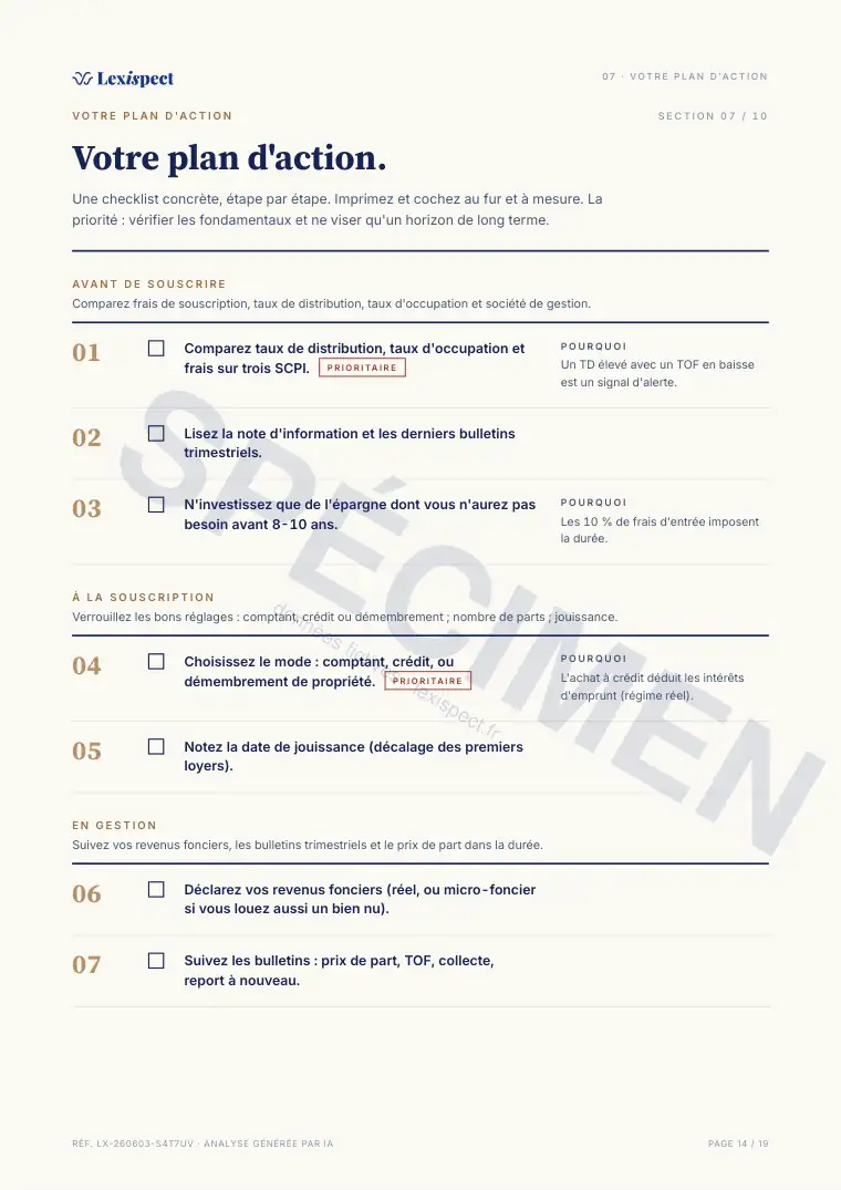 Page 14 du rapport SCPI (pierre-papier, immobilier en direct), spécimen