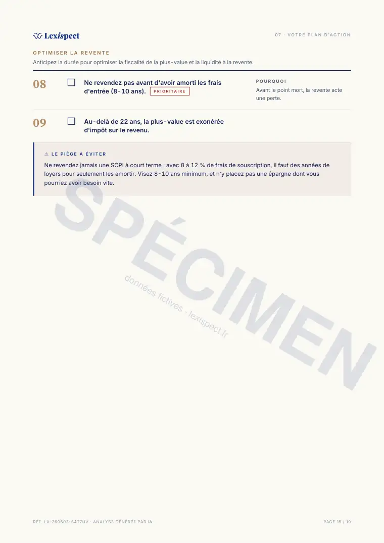 Page 15 du rapport SCPI (pierre-papier, immobilier en direct), spécimen