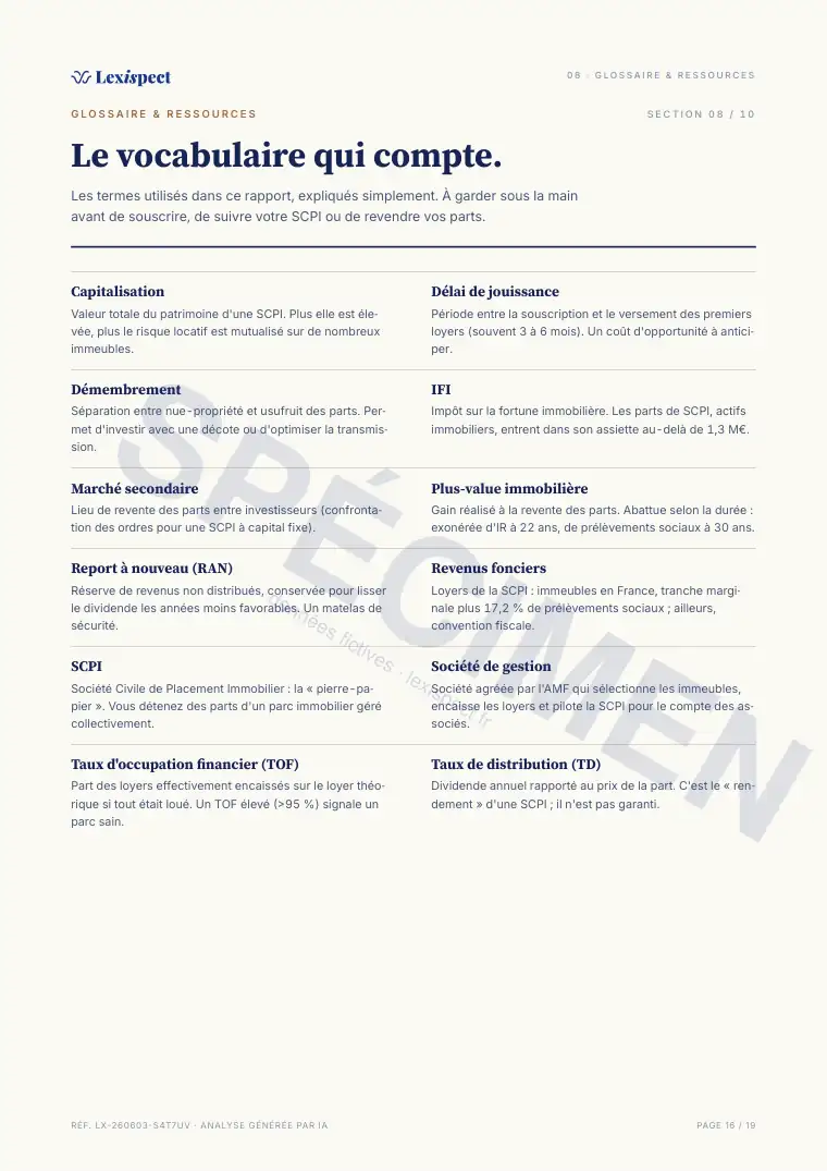 Page 16 du rapport SCPI (pierre-papier, immobilier en direct), spécimen