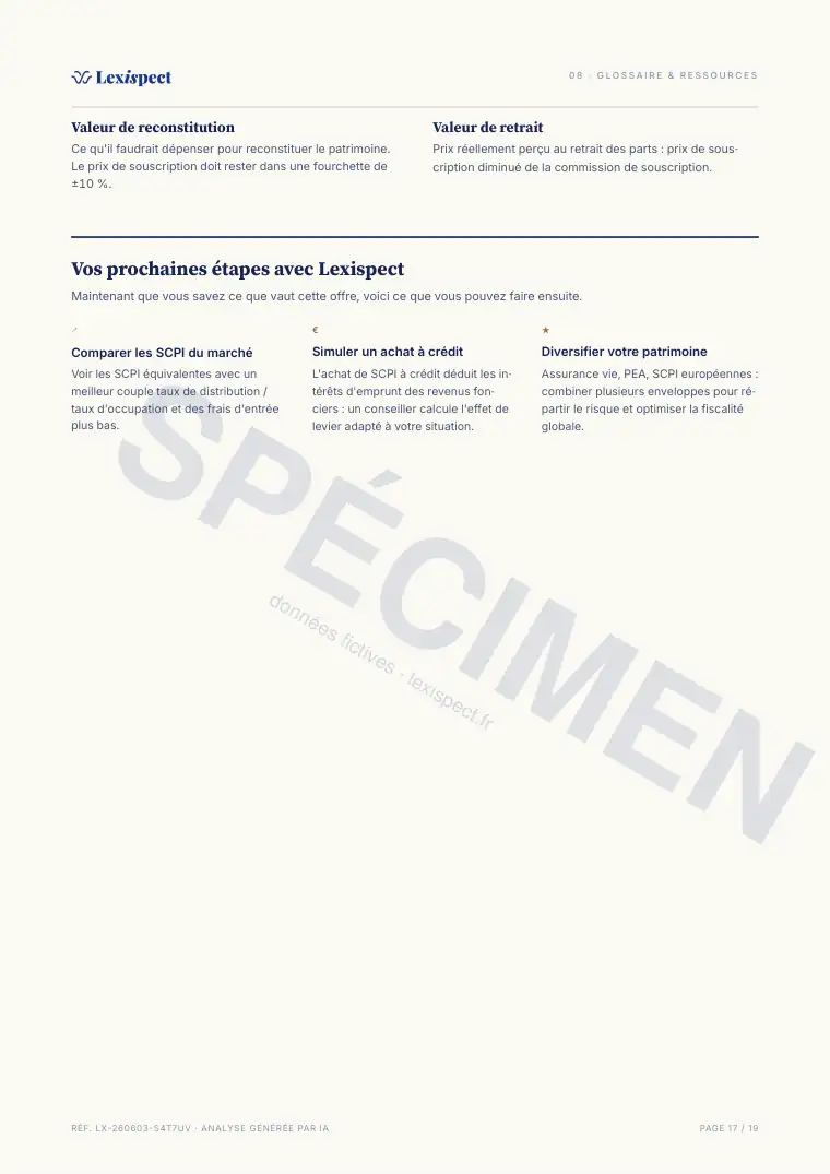 Page 17 du rapport SCPI (pierre-papier, immobilier en direct), spécimen