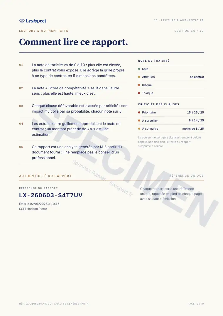 Page 19 du rapport SCPI (pierre-papier, immobilier en direct), spécimen