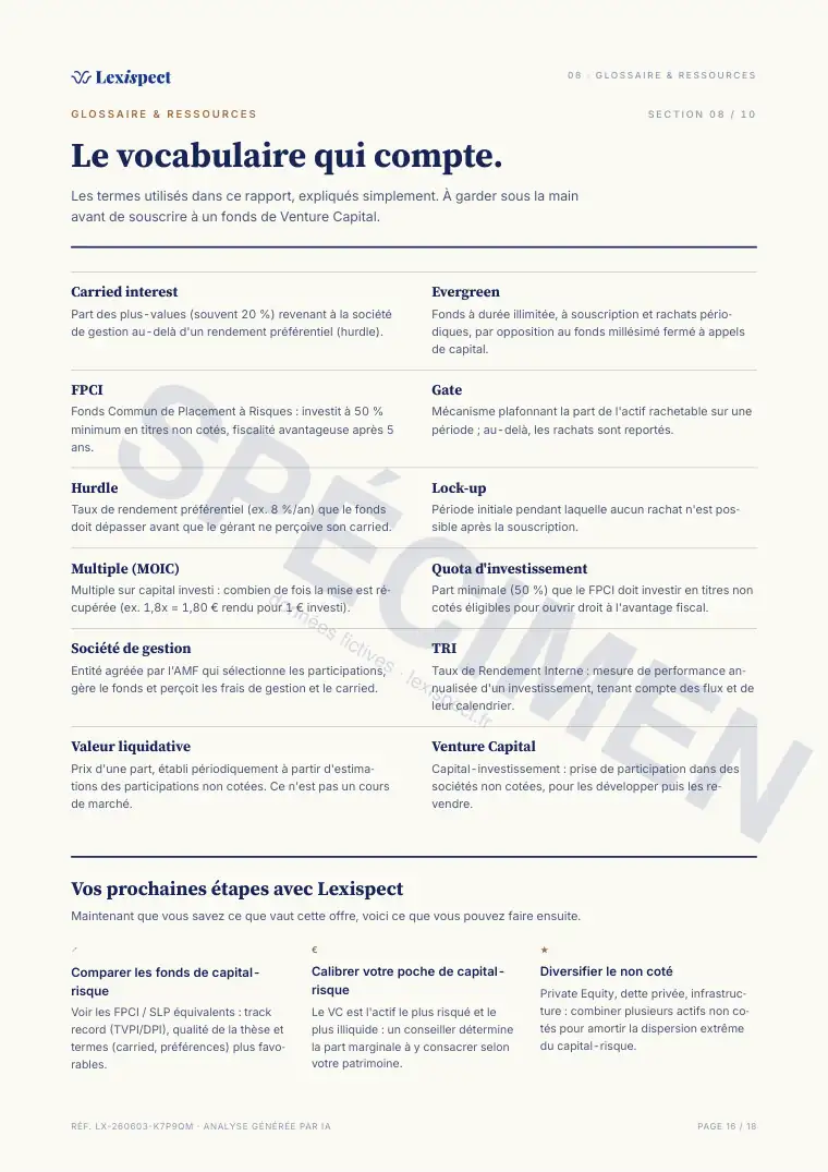 Page 16 du rapport Venture Capital (FPCI / SLP, capital-risque), spécimen